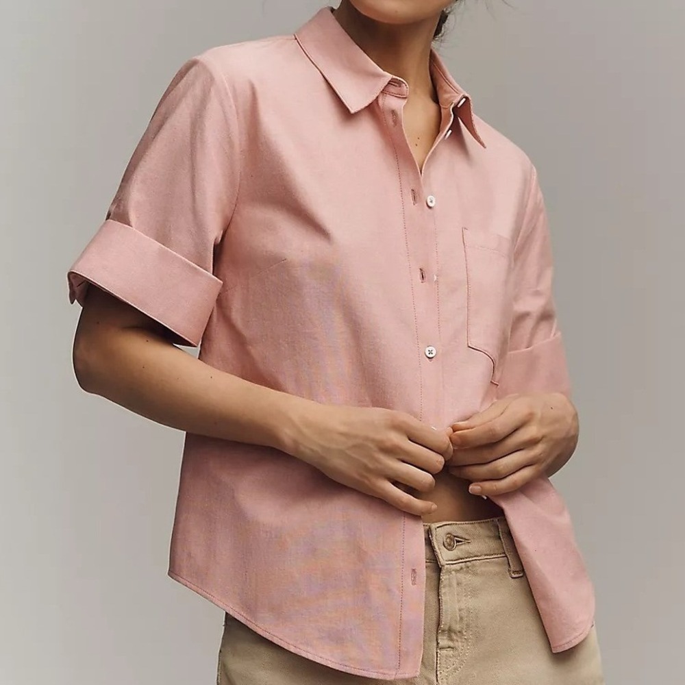 Anthropologie Maeve Larissa Cotton Stretch Button-Cuff Shirt M Fade Rose Coastal
